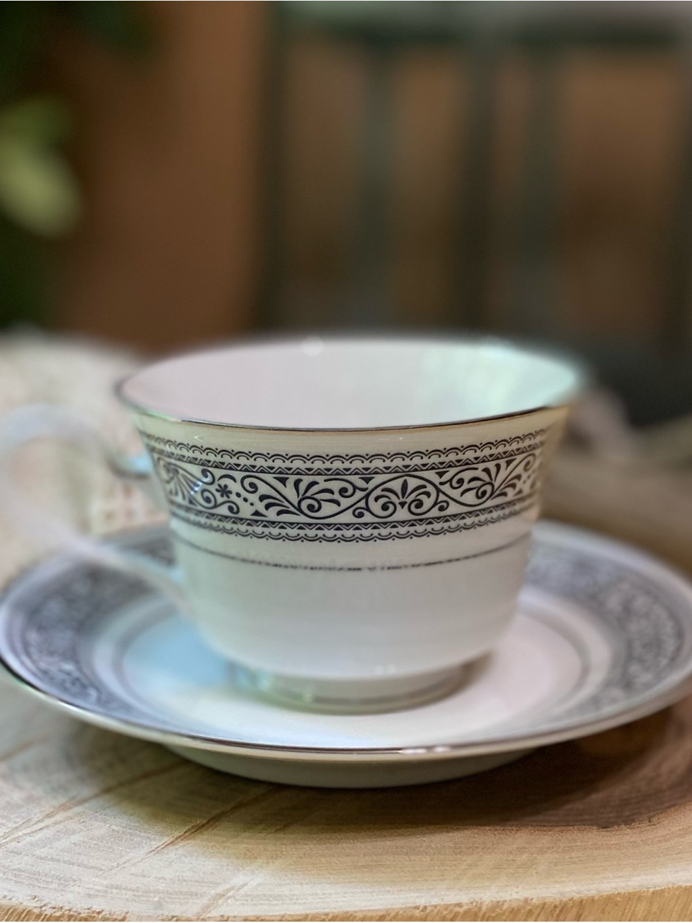 Noritake White and Black 7570 Ivory China Teacup & Saucer